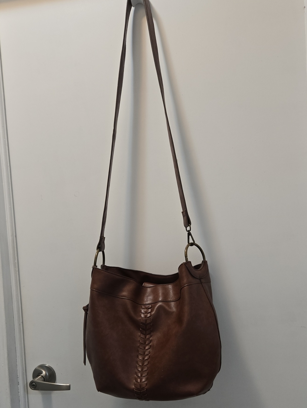 Classic Brown Braided-Accent Leather Shoulder Bag